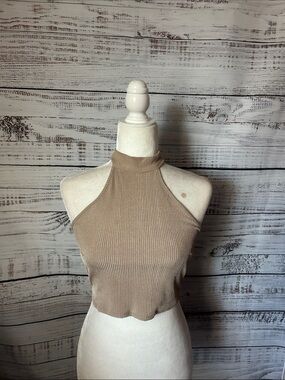 Topshop Ribbed Mock Neck Halter Crop Top - Tan size 6